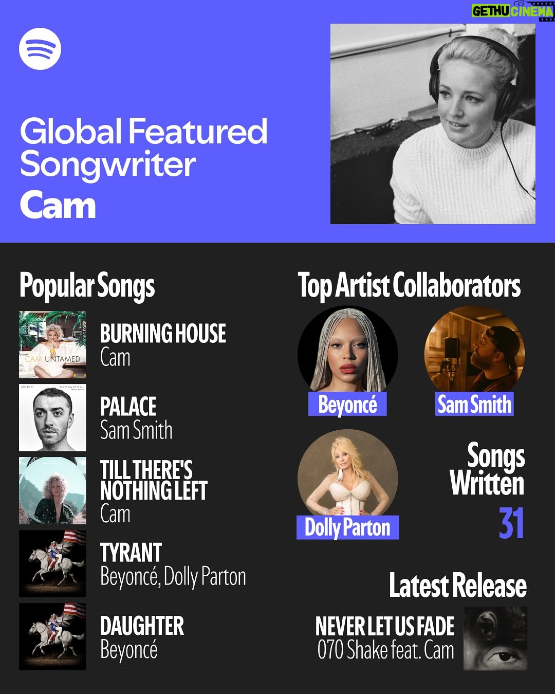 Cam - 1.2K Likes - Our Global Featured Songwriter this month is the talented @camcountry 💙 When writing for herself and other artists, Cam brings her full self to each project she works on, which you can’t miss on projects like @beyonce’s Cowboy Carter that earned Cam her first GRAMMY win. Swipe to get into Cam’s advice for songwriters and her dream collaborators 🖋️
