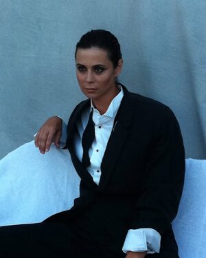 Catherine Bell Instagram - Such a fun shoot with @michaeldoven way back when!! The suit/slick hair/mustache was an home to a Herb Ritts/Michelle Pfeiffer shoot 🖤🤍