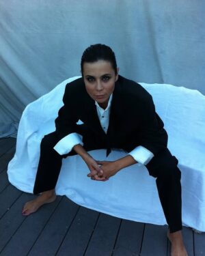 Catherine Bell Instagram - Such a fun shoot with @michaeldoven way back when!! The suit/slick hair/mustache was an home to a Herb Ritts/Michelle Pfeiffer shoot 🖤🤍