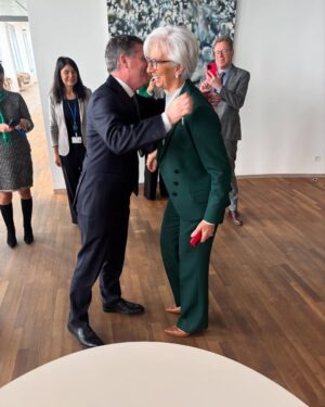Christine Lagarde Instagram - Always good to meet my good friend and colleague, Mme @christinelagarde. A courtesy call at the @europeancentralbank this afternoon in Frankfurt and an opportunity to gift some books by one of Ireland’s most prestigious, & one of my favourite, authors, Donal Ryan #StPatricksDay