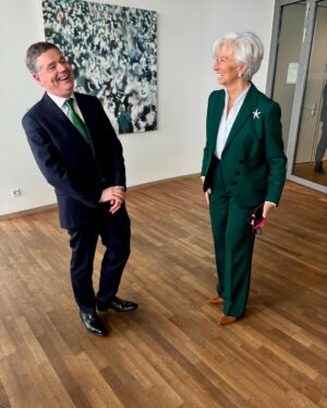 Christine Lagarde Instagram - Always good to meet my good friend and colleague, Mme @christinelagarde. A courtesy call at the @europeancentralbank this afternoon in Frankfurt and an opportunity to gift some books by one of Ireland’s most prestigious, & one of my favourite, authors, Donal Ryan #StPatricksDay