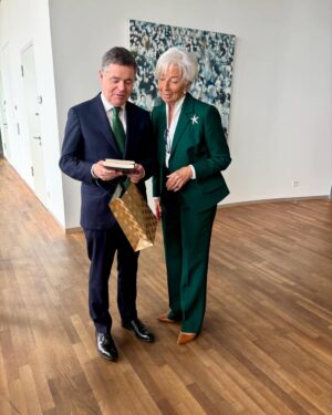 Christine Lagarde Instagram - Always good to meet my good friend and colleague, Mme @christinelagarde. A courtesy call at the @europeancentralbank this afternoon in Frankfurt and an opportunity to gift some books by one of Ireland’s most prestigious, & one of my favourite, authors, Donal Ryan #StPatricksDay