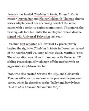 Elaine Goldsmith-Thomas Instagram - Strutting our peacock-feathered heels. Could not be more excited. #ClimbingInHeels @starmandarren @peacock @stmartinspress @deadline