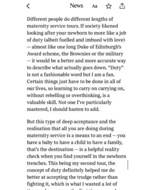 Emma Barnett Instagram - This interview drops tomorrow. 

It isn’t maternity leave. Not really. 

It’s service. Maternity Service. Somehow I realised this during the fog of my second tour of duty, that I had fought tooth and nail to experience. 

And I was weirdly elated. Elated to a) have had an original thought through the sleep deprivation, the love bomb that is our daughter and the relentless abnegation of self. And b) to have snatched the time between naps, feeding, cleaning, doctor visits, nappies and school pick-ups to explore this thought. And write my account of maternity service - live - as it was happening. 

The result is a book I am really proud (and still rather amazed) exists and lands on shelves on March 13. I have read so many powerful books about motherhood and parenting - esp as host of the mighty @bbcwomanshour - but never one expressly on maternity leave and what actually goes down in this love wilderness: mentally, physically and practically.

Maternity service, unlike leave, also never ends. And this framing really helps me dig deep to this day with my mothering of a two and seven year old girl and boy. 

In the book I also share stories I have already forgotten or unwittingly erased from that period - having already happily let the rose-tinted glasses descend. More to come and to be discussed. But I would bloody love you to pick up a copy via the pre order #linkinbio and to hear your take. Genuinely. Or when it drops next month from your local bookshop if you have one. 

Rest assured- it’s deliberately short but packs a punch. 

Here are some parts of the book extract in the @sundaytimesmagazine @thetimes exclusively tomorrow. 

Big thanks to The Sunday Times for putting maternity leave on the front page. 

✍🏼 @laurafpullman 
📸 @saneseven 
💄 @emmasleon 
👖 @kate_barbour 

#maternity #maternityleave #maternityservice #idea #holdthefrontpage #sundaypaper #sunday #sundaytimes #newbook #bookstagram #preorder #women #newmum #motherhood
