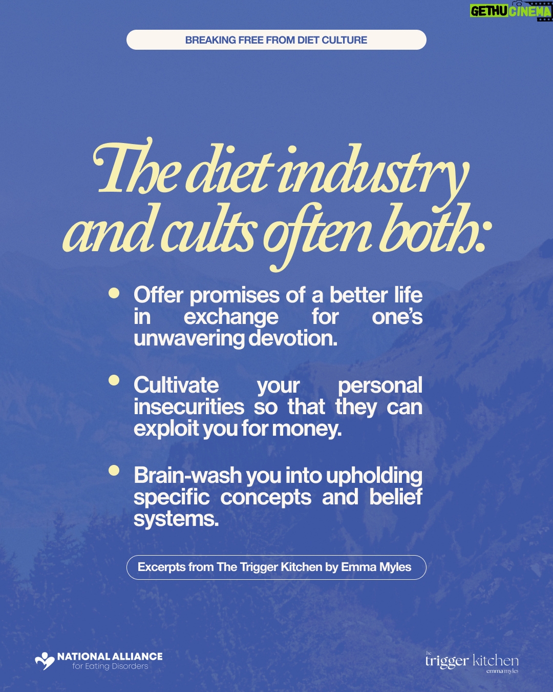 Emma Myles - 590 Likes - Diet CULTure—let's talk about it.
We’re thrilled to collaborate with @emmacat, author of The Trigger Kitchen, to shine a light on how to bring to light the overwhelmingly normalized way diets operate like cults- preying on insecurities, selling false promises, and keeping us imprisoned in an unending cycle of guilt and shame and isolation.
For support and resources, the National Alliance for Eating Disorders is here for you:
📞 Call: 866.662.1235
📲 Text ‘ALLIANCE’ to 741-741
🌐 Visit: allianceforeatingdisorders.com
#DietCulture #MentalHealthMatters #SelfCompassion #EatingDisordersAwareness