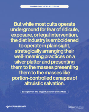 Emma Myles Instagram - Diet CULTure—let's talk about it.⁠
⁠
We’re thrilled to collaborate with @emmacat, author of The Trigger Kitchen, to shine a light on how to bring to light the overwhelmingly normalized way diets operate like cults- preying on insecurities, selling false promises, and keeping us imprisoned in an unending cycle of guilt and shame and isolation.⁠
⁠
For support and resources, the National Alliance for Eating Disorders is here for you:⁠
⁠
📞 Call: 866.662.1235⁠
📲 Text ‘ALLIANCE’ to 741-741⁠
🌐 Visit: allianceforeatingdisorders.com⁠
⁠
#DietCulture #MentalHealthMatters #SelfCompassion #EatingDisordersAwareness