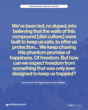Emma Myles Instagram - Diet CULTure—let's talk about it.⁠
⁠
We’re thrilled to collaborate with @emmacat, author of The Trigger Kitchen, to shine a light on how to bring to light the overwhelmingly normalized way diets operate like cults- preying on insecurities, selling false promises, and keeping us imprisoned in an unending cycle of guilt and shame and isolation.⁠
⁠
For support and resources, the National Alliance for Eating Disorders is here for you:⁠
⁠
📞 Call: 866.662.1235⁠
📲 Text ‘ALLIANCE’ to 741-741⁠
🌐 Visit: allianceforeatingdisorders.com⁠
⁠
#DietCulture #MentalHealthMatters #SelfCompassion #EatingDisordersAwareness