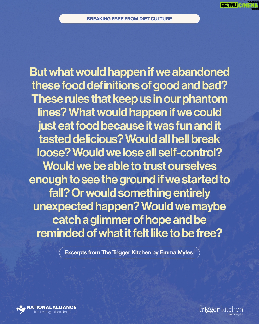 Emma Myles - 590 Likes - Diet CULTure—let's talk about it.
We’re thrilled to collaborate with @emmacat, author of The Trigger Kitchen, to shine a light on how to bring to light the overwhelmingly normalized way diets operate like cults- preying on insecurities, selling false promises, and keeping us imprisoned in an unending cycle of guilt and shame and isolation.
For support and resources, the National Alliance for Eating Disorders is here for you:
📞 Call: 866.662.1235
📲 Text ‘ALLIANCE’ to 741-741
🌐 Visit: allianceforeatingdisorders.com
#DietCulture #MentalHealthMatters #SelfCompassion #EatingDisordersAwareness