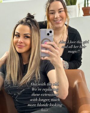 Jamie Szantyr Instagram - New hair, who dis?? 🔥 
Swipe ⬅️ for the befores and afters. 

Ever since I met @paintandstyles 3 years ago, she’s been delivering absolute hair magic every time I sit in her chair! We have been on this hair journey together since we met, and she perfects it every time.

We got rid of the old, and in with the new. A complete hair refresher with longer, and blonder than ever hair extensions. I’m literally obsessed. She’s amazing!

If you’re in Connecticut, go see her at her very own salon, @vxnsalon in West Hartford. She specializes in everything, especially @invisiblebeadextensions and custom colors and cuts. Whatever you want she can do. 
And it’s always such good vibes in her salon. 🖤
