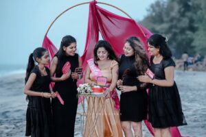Janaki Sudheer Instagram - Ready to pop the bubbly and celebrate love🖤🩷
📸@lefteye_weddings 

#bridetobe #bride #black #blackpink #beach #destination