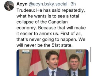 Jen Gunter Instagram - Just shaking my head. 

A trade war. 
Gutting government programs. 
Gutting research.
Threatening people who are exercising their right to protest? 

The list goes on. 

Americans, if you have not see Trudeau’s amazing press conference, you can find it on YouTube
