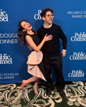 Katie Lowes Instagram - Shapirlowes red carpet shenanigans… and thank you @public_counsel for the most inspiring & important evening,  so honored to be there! 
Hair & MU by @dendoll and @traceycunningham1 
Style @nicolechavezstyle @albrightfashionlibraryla 
Bag @bottegavenetaworld 
Shoes @malonesouliers 
Dress @toni_maticevski