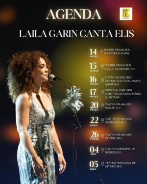 Laila Garin Instagram - Estamos empolgadíssimos com essa agenda de março e com esse projeto maravilhoso em homenagem aos 80 anos de Elis Regina no mês da mulher. 

Laila canta Elis com Claudia Elizeu e Thais Ferreira em um show intimista, três mulheres incríveis, quem for verá a potência que é esse trio no palco.

🌟🌟🌟

Ingressos disponíveis no link da bio.

#LailaCantaElis #LailaGarin #HassisProducoes #MesDaMulher #ElisRegina