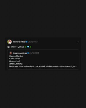 Maria Rita Instagram - Neste Dia Mundial da Religião, que também é o Dia Nacional de Combate à Intolerância Religiosa, ressaltamos a importância da liberdade cultural, e o respeito a fé dos outros. 

A intolerância religiosa causa conflitos no mundo inteiro, gerando guerras e insegurança para vários grupos. 

Esse post foi feito para lembrar que intolerância religiosa é crime, e que devemos respeitar a fé dos outros da mesma forma que respeitamos a nossa! 

#EMR

#PraTodosVerem carrossel de artes gráficas incluindo um vídeo de Maria Rita falando sobre sua fé, e prints de redes sociais com textos sobre tolerância religiosa.