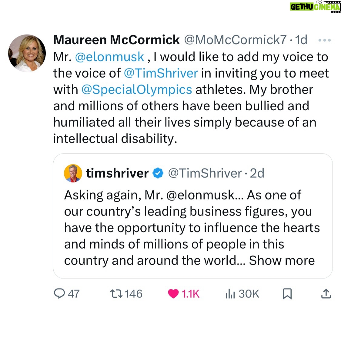 Maureen McCormick - 3.4K Likes - Earlier this week, I called attention to Elon Musk’s use of the R-word, sharing a message about the harm of that language. I’m grateful that @momccormick7 helped amplify this conversation, bringing more awareness to why words matter. Here’s what I shared. 🙏
-
Asking again, Mr. Elon Musk… As one of our country’s leading business figures, you have the opportunity to influence the hearts and minds of millions of people in this country and around the world.
People with intellectual disabilities have suffered generations of discrimination and humiliation. They have been institutionalized, mocked, rejected by schools, denied healthcare, experimented upon and dehumanized. The injustice and indignities have led to unspeakable tragedy and loss of life. With cruel taunts and contemptuous labels—retard, moron, imbecile—this injustice has flourished.
In the 21st century, they, together with their families and friends, are leading a battle for the simplest form of justice: the justice that comes with a recognition of their full humanity. Globally, changes in policy and practice have led to hopeful new opportunities and, perhaps most importantly, to a new dawn of dignity and joy.
For these reasons, we invite you to meet with our athletes to understand their perspectives. They will surely ask you to end your use of the R-word and join them in building a future where dignity and welcome are the expectations of everyone in our great country.
This is a teachable moment for our entire movement. May we ask you to join us now by using your great influence and position to help us continue to build a future of welcome for all?