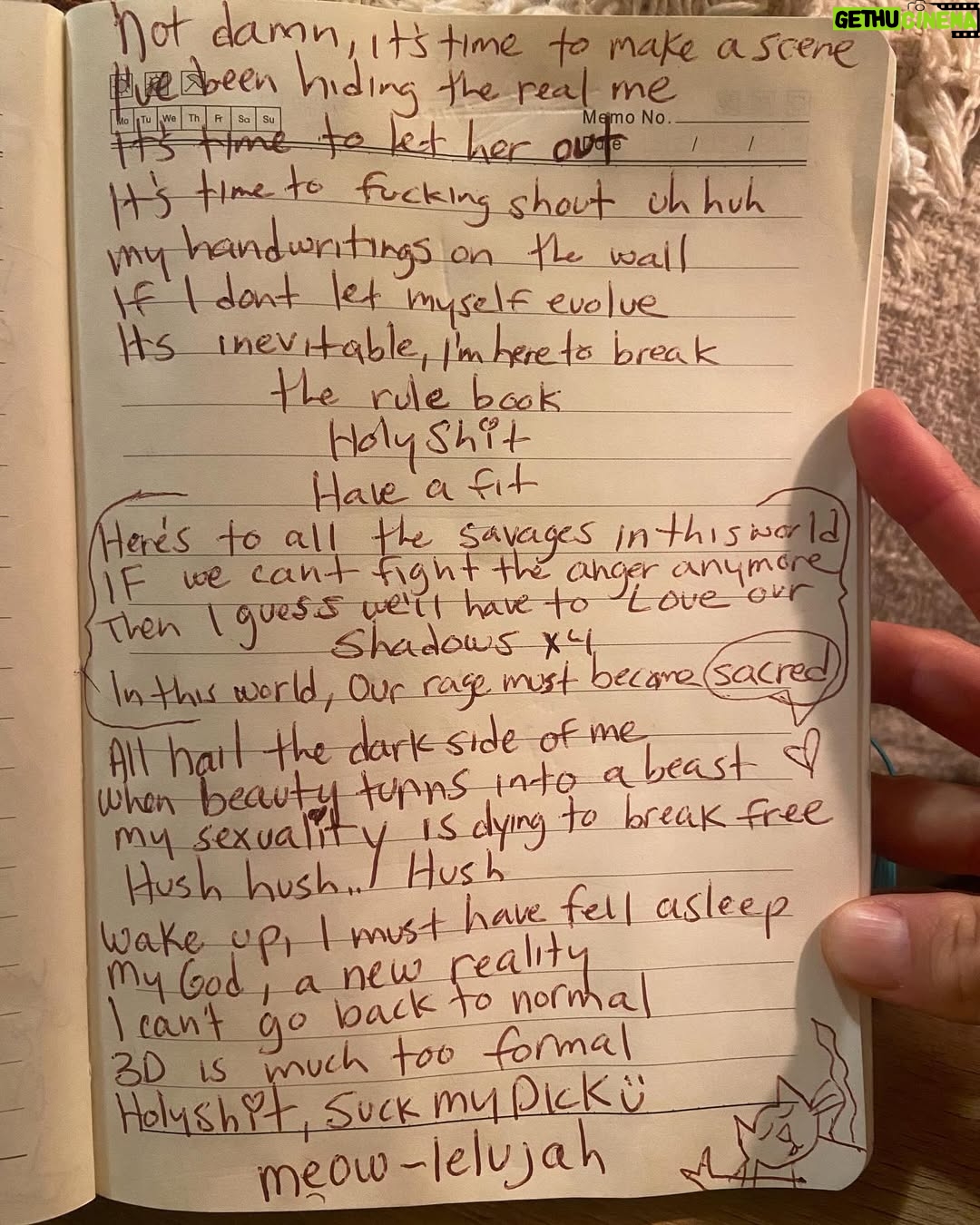 Meg Myers - 1.8K Likes - Just finished writing this one for the eclipse. Fought it so hard but it forced its way out. Still tweaking and fine tuning..
Happy inner teenager:-💋
Every song on this album is so different. One day I’m channeling a PG ceremony song and the next day it’s angsty and R rated. Just trying to honor where im at in each moment and let it all flow through.
I’m so excited to share these songs with you guys! There’s too many to even fit them all on my 4th album so I’ll have to flip coins to decide hehe
Scroll for the lyrics and a picture of me as a teenager❤️🔥🤘
