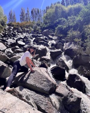Mira Sethi Instagram - wild mountain lavender; a profusion of apple and apricot; shafts of sunlight through impossibly tall poplars; mountain ranges that shade red to brown to snowcapped; swimming in mossgreen lakes; shrieking in icecold streams; getting through insane hikes by making exhausted, relentless fun of each other. heartfull; bohatfull yaar - 
thanks @z0hman @sahersf @fazalrizvi1 @baneenm @ahmed_hasan_khan 
#hunza #khaanabadosh #gilgit #pakistan #mountains