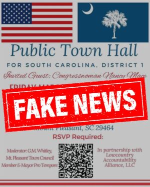 Nancy Mace Instagram - This is FAKE NEWS. This event is being driven by left-wing extremists and paid agitators with a clear agenda. 

I WILL NOT be attending. 

We’re staying away because it’s not safe, and we refuse to be bullied by individuals who are threatening me, my employees, and my family.