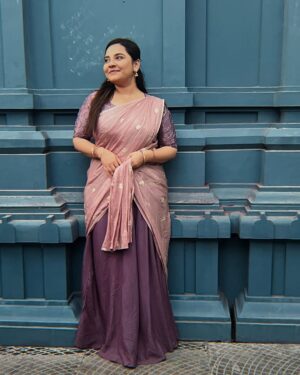 Neha Menon Instagram - Wearing this beautiful half saree from @the_thanashi in such a pretty pretty color 💜 Got so many compliments for this one!!😍🫶🏻
