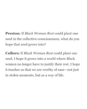 Patrisse Cullors Instagram - This work is inspired by @thenapministry Tricia Hersey has been calling on us ( Black folk ) to ‘rest as resistance.’ 

honored to be apart of this @wehoarts moment. Alongside the CDM co founders @calmatetupedo and @alexandrealirezadorriz who also have gorgeous billboards up on sunset blvd. 

Thank you @kingavriel for being such a beautiful performer in this piece.

And thank you @ashleemariepreston for capturing this work the way you always are able to do. Clarity, grace and firmness. 

Artist Statement:
Black Woman Rest is a ten-minute visual meditation, filmed amidst the serene landscapes of Joshua Tree, inspired by Tricia Hersey’s Nap Ministry. This project invites the audience to hold space for the sacred act of Black women resting. Inspired by Patrisse Cullors’ Abolitionist Meditations practice, it challenges the pervasive notion that rest is a luxury, not a right, for Black women. In a society that often demands relentless productivity, Black Woman Rest serves as a call to presence, urging viewers to acknowledge and honor the necessity of rest and restoration. This billboard project is not merely a visual experience; it is a meditative journey asking for a collective recognition of the importance of rest, especially for Black women. Through this piece, Cullors seeks to create a space for reflection, healing, and solidarity, as we collectively affirm the power and necessity of rest.

📸 @jmlakl
