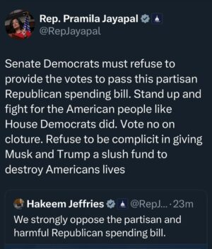Pramila Jayapal Instagram - Senate Democrats: show courage. Stand up against Trump and Musk and their destruction. Vote no on cloture.