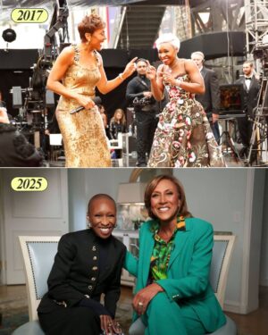 Robin Roberts Instagram - Then and now with the incredible @cynthiaerivo! From back in 2017 on the #Oscars red carpet...to now talking about her Oscar-nominated performance as Elphaba in Wicked. Hope you’ll tune in for our Oscars special tomorrow night at 8 p.m. eastern on @abc.