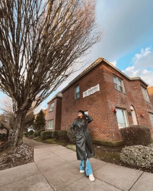 Sonal Aggarwal Instagram - Winter in Portland hits different! 🌧️🪵 Brick buildings, bare trees, and that cozy city charm that makes you want to wander aimlessly. 
Living my main character moment in this dreamy weather—because who doesn’t love a little drama in the drizzle? 🖤 #PortlandWinter #pinkpeppercorn #stylewithsonal #portlandoregon