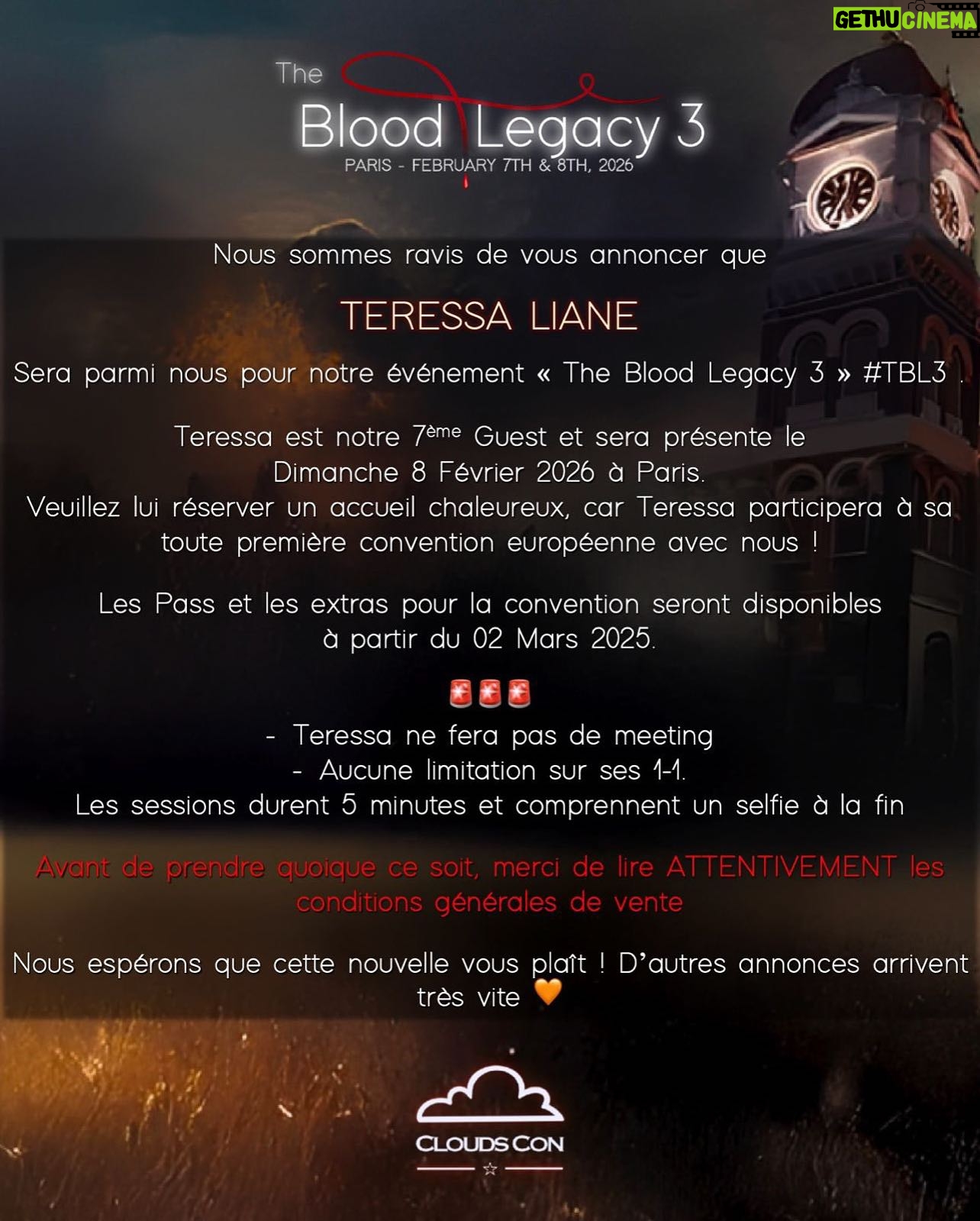 Teressa Liane - 2.1K Likes - I AM SO EXCITED FOR THIS!!!! 💖😆🎉
#TheBloodLegacy3 Convention, next February in Paris! 🇫🇷
❤️ Thank you @cloudscon for inviting me ❤️
My first EVER European Convention!!! 🫢
When I say I have been wanting to do this for YEARS, I mean YEARS!! 🥹💕
I have been reading your comments and seeing your posts for so long, hoping for the chance to get to meet so many of you!!! ❤️🤗❤️ This is going to be so much fun!!
See you there beautiful people!!
Tickets available March 2nd 2025 at 9 PM
Xx
#Repost @cloudscon
・・・
#TBL3 #TheBloodLegacy3🩸
Nous sommes très heureux de vous annoncer TERESSA LIANE pour la #TBL3 à Paris l’année prochaine!
We are so thrilled to announce that @teressaliane is our 7th guest for our #TheBloodLegacy3 convention next February in Paris🩸
🗓️ February 8th, 2026, ONLY
📍 Paris, FRANCE 🇫🇷
🎟️ The tickets will be available on March 2nd, 2025 at 9 PM