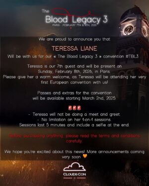 Teressa Liane Instagram - I AM SO EXCITED FOR THIS!!!! 💖😆🎉
#TheBloodLegacy3 Convention, next February in Paris! 🇫🇷 

❤️ Thank you @cloudscon for inviting me ❤️

My first EVER European Convention!!! 🫢

When I say I have been wanting to do this for YEARS, I mean YEARS!! 🥹💕

I have been reading your comments and seeing your posts for so long, hoping for the chance to get to meet so many of you!!! ❤️🤗❤️ This is going to be so much fun!!

See you there beautiful people!!

Tickets available March 2nd 2025 at 9 PM

Xx

#Repost @cloudscon
・・・
#TBL3 #TheBloodLegacy3🩸

Nous sommes très heureux de vous annoncer TERESSA LIANE pour la #TBL3 à Paris l’année prochaine!

We are so thrilled to announce that @teressaliane is our 7th guest for our #TheBloodLegacy3 convention next February in Paris🩸

🗓️ February 8th, 2026, ONLY
📍 Paris, FRANCE 🇫🇷

🎟️ The tickets will be available on March 2nd, 2025 at 9 PM