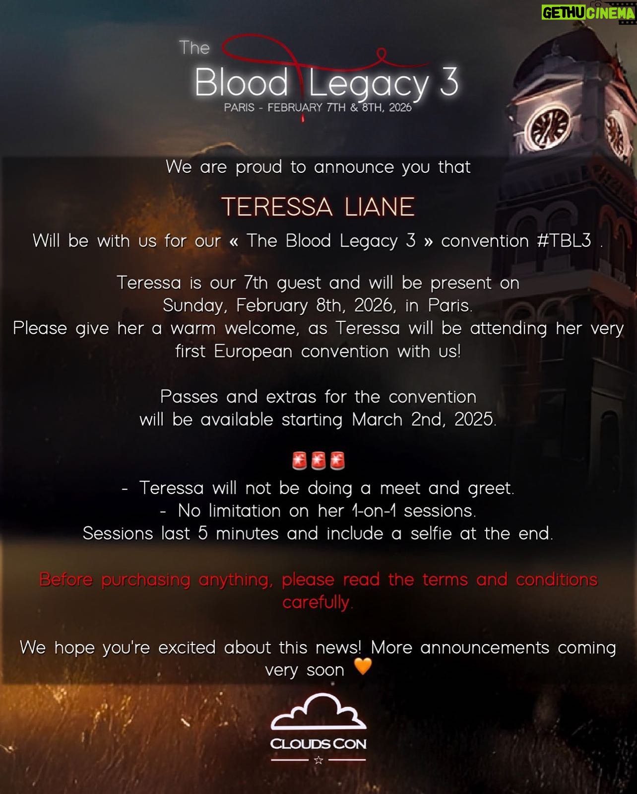 Teressa Liane - 2.1K Likes - I AM SO EXCITED FOR THIS!!!! 💖😆🎉
#TheBloodLegacy3 Convention, next February in Paris! 🇫🇷
❤️ Thank you @cloudscon for inviting me ❤️
My first EVER European Convention!!! 🫢
When I say I have been wanting to do this for YEARS, I mean YEARS!! 🥹💕
I have been reading your comments and seeing your posts for so long, hoping for the chance to get to meet so many of you!!! ❤️🤗❤️ This is going to be so much fun!!
See you there beautiful people!!
Tickets available March 2nd 2025 at 9 PM
Xx
#Repost @cloudscon
・・・
#TBL3 #TheBloodLegacy3🩸
Nous sommes très heureux de vous annoncer TERESSA LIANE pour la #TBL3 à Paris l’année prochaine!
We are so thrilled to announce that @teressaliane is our 7th guest for our #TheBloodLegacy3 convention next February in Paris🩸
🗓️ February 8th, 2026, ONLY
📍 Paris, FRANCE 🇫🇷
🎟️ The tickets will be available on March 2nd, 2025 at 9 PM