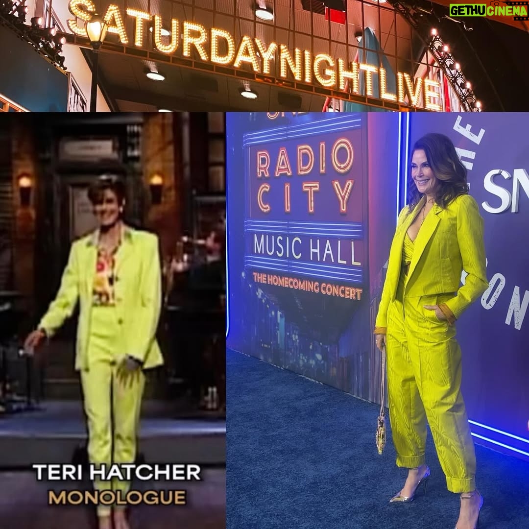 Teri Hatcher - 14.9K Likes - Such a joy and honor to attend the Saturday Night Liveâs legacy of music homecoming @radiocitymusichall Itâs just wild that I got to be a tiny part of this history way back when. In homage to my chartreuse 90âs monologue suit I went with this @sandraweilstudio & @alevimilano Thanks @sixtenpr @elenamiglino @brianmagallones #sofun #concerts @nbcsnl @peacock