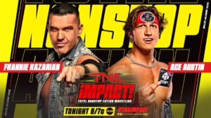 Tessa Blanchard Instagram - #TNAiMPACT is TONIGHT at 8/7c on AXS TV in the US, Sporstnet 360 in Canada and TNA  around the world. Use the code TNAFREE for one free month of TNA ! 

- Oba Femi and The Hardys vs. The System 

- Tessa Blanchard must wrestle or she'll be FIRED! 

- Spitfire vs. Ash and Heather By Elegance for the Knockouts World Tag Team Titles, the losers must become the winners Personal Concierge for 24 hours 

- Mance Warner vs. Sami Callihan 

- Frankie Kazarian vs. Ace Austin 

- Steve Maclin vs. KC Navarro 

- Mike Santana in action
