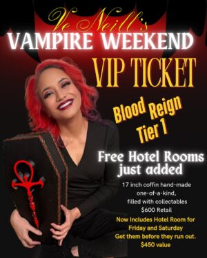 Ve Neill Instagram - Step into the ultimate VIP experience @veneillvampireweekend 

With the Blood Reign Tier 1 VIP Ticket, you’re not just attending—you’re indulging in luxury fit for the undead.

☥ EXCLUSIVE PERKS ☥
🩸 FREE Hotel Room for Friday & Saturday – Stay where the vampires stay! ($450 Value)
🩸 Limited-Edition 17-inch Handmade Coffin – Filled with rare, collectible treasures ($600 Retail)
🩸 VIP Merch & Exclusive Goodies – Only available with this ticket

**Limited quantity available—once they’re gone, they’re gone!**

Secure your VIP pass now and make this a Vampire Weekend to remember. Link in bio! 🦇✨ 

#VeNeillVampireWeekend #VIPExperience #StayWithTheVampires