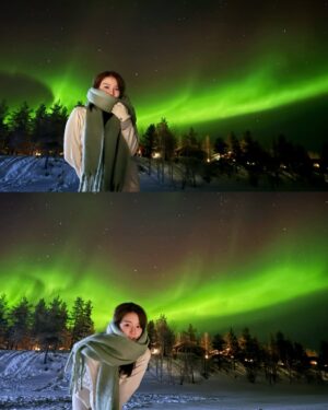 林莎 Instagram - 包下了三個小時的北極光 🍀💚
整個夜晚沒有停止過的極光大爆發⋯
星空下滿滿的綠光閃耀著、舞動著，
放眼望去，熱鬧到不知道要看哪裡才好。

2月18日，這天是很神奇的一天。
晚餐後，我們買了四瓶印有美麗極光的啤酒，自信滿滿的為了迎接大極光，準備慶祝一番！
在房間裡洗了超讚的芬蘭浴～～愛上♡ 
吃宵夜、聊天，以及大概五分鐘打開一次APP時刻關注極光動態。
9點半，APP地圖上小小的一圈極光，是這幾天觀察到最小的，而這天，全世界地圖上就這一小圈。
每每打開偵測都很怕不見或離我們遠去或是雲飄過來（種種因素會讓肉眼看不見極光）
神奇又令人振奮的是小綠圈越靠越近，越來越大片⋯而我們也越來越激動。
11點10分，大家！極光籠罩我們了，快乾杯！出發！！

微微的綠色作為鋪陳，不拖戲的螢光綠色亮眼登場⋯還有重頭戲的紅色極光特別演出。
像是買票進場一樣欣賞了三個多小時，絕無冷場。
大滿足的我們要回玻璃屋，極光還沒有要謝幕的意思，一路陪我們到房間，繼續躺在床上看。

再次拿起極光啤酒準備乾杯，疑！上面的圖片就跟我們看見的一樣夢幻啊。

2025/02/18 🇫🇮 芬蘭
感動的我是個幸運又幸福的人，真的真的 🍀💚