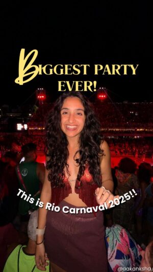 Aakansha Monga Instagram - Who would you go with? ❤️‍🔥

Some more details: 
1. Book your stay near the copacabana/ipanema beach or or or the Center. 

2. Book your parade tickets from bookers.com - they are the official site and others could scam you

I swear I have never felt more free in my life.🥹

For 7 straight days, Rio turns into one giant dance floor– streets shut down, music blasts from every corner, and millions of people just LET LOOSE. No stress, no judgment – just pure joy, colors, and chaos

And the Samba Parade?? OMG. People train for an entire YEAR, making 30kg costumes, building insane floats, and dancing like their life depends on it. I was shook at how GRAND it all was.

But the best part? I felt so safe. Even in the biggest crowd I’ve ever been in, the energy was just warm, happy, and electric. Ofc you need to be safe from pickpockets etc, but as a woman - damn it felt amazing. People look out for each other, and the love for life here is UNREAL.

I came here to check off a bucket list experience, but I left with a whole new outlook on life. Dance like no one’s watching, live like there’s no tomorrow, and if you ever get the chance to be in Rio for Carnival – TAKE IT.🇧🇷🔥

[travelamore, carnival 2025, Rio, Brazil, Brazilian, party, travel tips, travel stories, Rio de Janeiro, South America, Latin America, traveling woman]