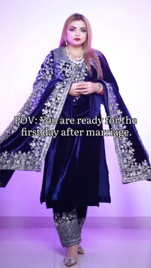 Aisha Mahdi Instagram - ✨// POV: You are ready for the first day after marriage. 

Do you feel the excitement and jittery feeling when you are about to start something new?

That’s what I’m feeling. I’m getting ready for my first day after marriage. 
Wearing a Midnight blue velvet suit set with hand embroidered silver aari from @priyankajain.official . 
The outfit is from her latest Makhmal-e-Ishq collection. I’m in love with this captivating look!

What you guys think about my first look after marriage?

Let me know in the comments. 
.
.
.
.
.
.
.
.
.
.
.
.
#Collab #reelsinstagram #reelkarofeelkaro #reelitfeelit #viral #KolkataCreator