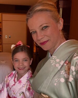 Amy Smart Instagram - We went all in and experienced kimonos and a tea ceremony!! So many layers and beautiful but whoa they were tight! Matcha matcha 🍵 Kyoto