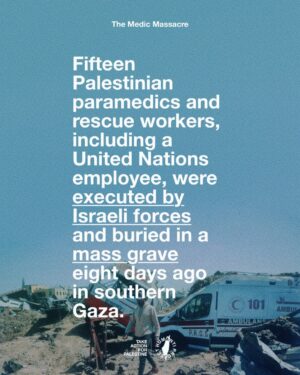 Carice van Houten Instagram - 🚨ISRAEL EXECUTES 15 MEDICS IN RAFAH 🚨

Fifteen Palestinian paramedics and rescue workers, including a United Nations employee, were executed by Israeli occupation forces in Rafah.

Aerial footage revealed ambulances reduced to wreckage after being deliberately targeted. The vehicles were visibly marked as medical transport, and the crews were in full uniform.

The medics had been executed at close range, some with their hands bound. Their bodies bore gunshot wounds to the head and chest, clear signs of deliberate killings. Their remains had been desecrated, stuffed into black bags, and buried in a mass grave.

This was not an accident. This was a war crime.

👉 EMAIL YOUR ELECTED OFFICIAL NOW! USE THE FREE TEMPLATE IN @humantiproject’s bio or visit HumantiProject.org 👈

——

Sources in slide 13