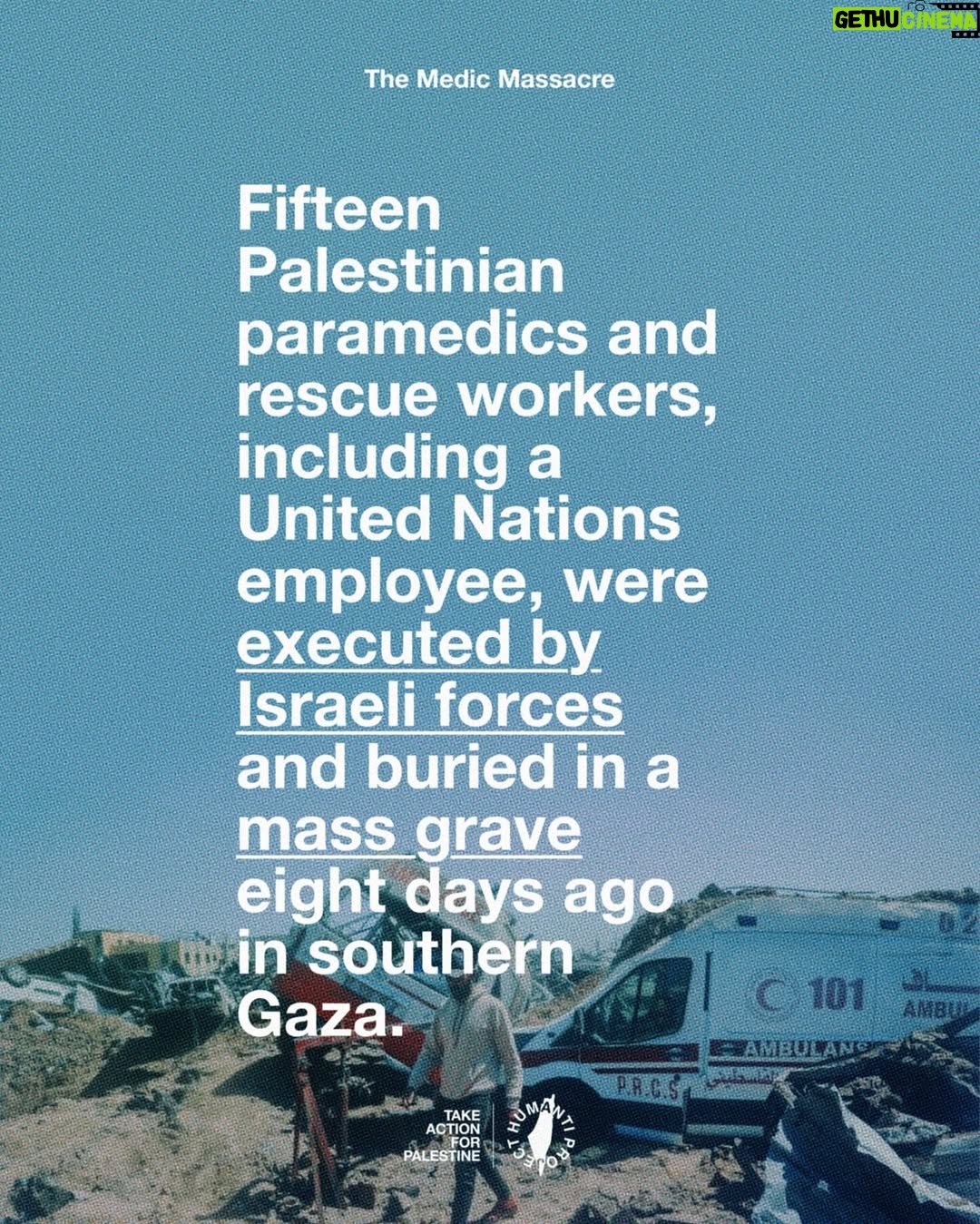 Carice van Houten - 69.9K Likes - 🚨ISRAEL EXECUTES 15 MEDICS IN RAFAH 🚨
Fifteen Palestinian paramedics and rescue workers, including a United Nations employee, were executed by Israeli occupation forces in Rafah.
Aerial footage revealed ambulances reduced to wreckage after being deliberately targeted. The vehicles were visibly marked as medical transport, and the crews were in full uniform.
The medics had been executed at close range, some with their hands bound. Their bodies bore gunshot wounds to the head and chest, clear signs of deliberate killings. Their remains had been desecrated, stuffed into black bags, and buried in a mass grave.
This was not an accident. This was a war crime.
👉 EMAIL YOUR ELECTED OFFICIAL NOW! USE THE FREE TEMPLATE IN @humantiproject’s bio or visit HumantiProject.org 👈
——
Sources in slide 13