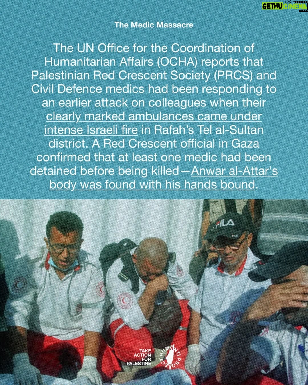 Carice van Houten - 69.9K Likes - 🚨ISRAEL EXECUTES 15 MEDICS IN RAFAH 🚨
Fifteen Palestinian paramedics and rescue workers, including a United Nations employee, were executed by Israeli occupation forces in Rafah.
Aerial footage revealed ambulances reduced to wreckage after being deliberately targeted. The vehicles were visibly marked as medical transport, and the crews were in full uniform.
The medics had been executed at close range, some with their hands bound. Their bodies bore gunshot wounds to the head and chest, clear signs of deliberate killings. Their remains had been desecrated, stuffed into black bags, and buried in a mass grave.
This was not an accident. This was a war crime.
👉 EMAIL YOUR ELECTED OFFICIAL NOW! USE THE FREE TEMPLATE IN @humantiproject’s bio or visit HumantiProject.org 👈
——
Sources in slide 13