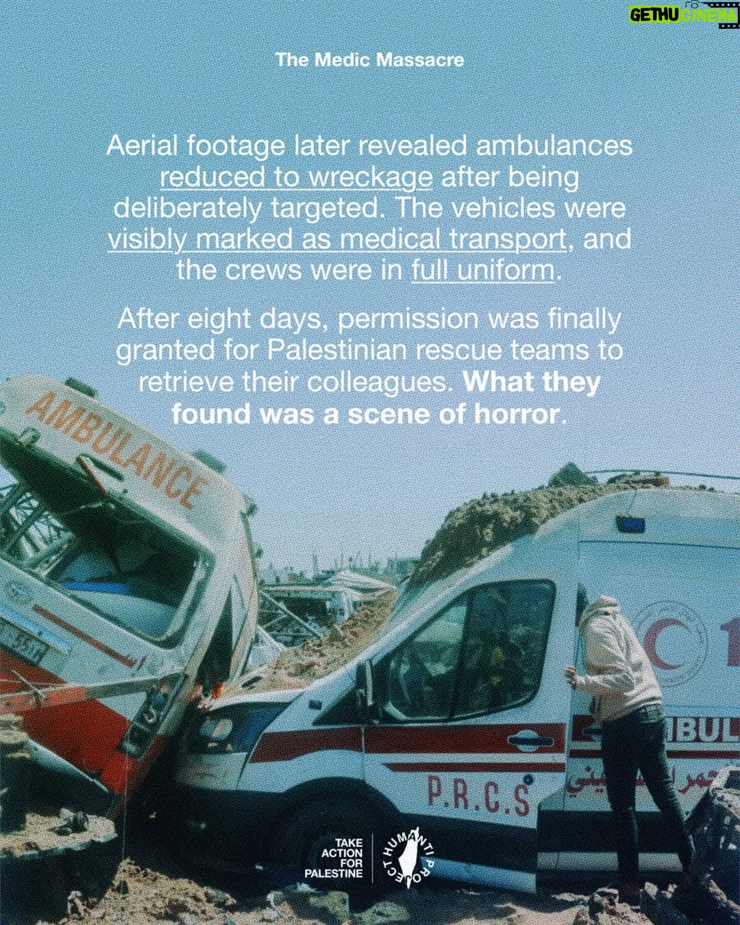 Carice van Houten - 69.9K Likes - 🚨ISRAEL EXECUTES 15 MEDICS IN RAFAH 🚨
Fifteen Palestinian paramedics and rescue workers, including a United Nations employee, were executed by Israeli occupation forces in Rafah.
Aerial footage revealed ambulances reduced to wreckage after being deliberately targeted. The vehicles were visibly marked as medical transport, and the crews were in full uniform.
The medics had been executed at close range, some with their hands bound. Their bodies bore gunshot wounds to the head and chest, clear signs of deliberate killings. Their remains had been desecrated, stuffed into black bags, and buried in a mass grave.
This was not an accident. This was a war crime.
👉 EMAIL YOUR ELECTED OFFICIAL NOW! USE THE FREE TEMPLATE IN @humantiproject’s bio or visit HumantiProject.org 👈
——
Sources in slide 13