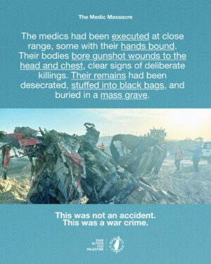 Carice van Houten Instagram - 🚨ISRAEL EXECUTES 15 MEDICS IN RAFAH 🚨

Fifteen Palestinian paramedics and rescue workers, including a United Nations employee, were executed by Israeli occupation forces in Rafah.

Aerial footage revealed ambulances reduced to wreckage after being deliberately targeted. The vehicles were visibly marked as medical transport, and the crews were in full uniform.

The medics had been executed at close range, some with their hands bound. Their bodies bore gunshot wounds to the head and chest, clear signs of deliberate killings. Their remains had been desecrated, stuffed into black bags, and buried in a mass grave.

This was not an accident. This was a war crime.

👉 EMAIL YOUR ELECTED OFFICIAL NOW! USE THE FREE TEMPLATE IN @humantiproject’s bio or visit HumantiProject.org 👈

——

Sources in slide 13