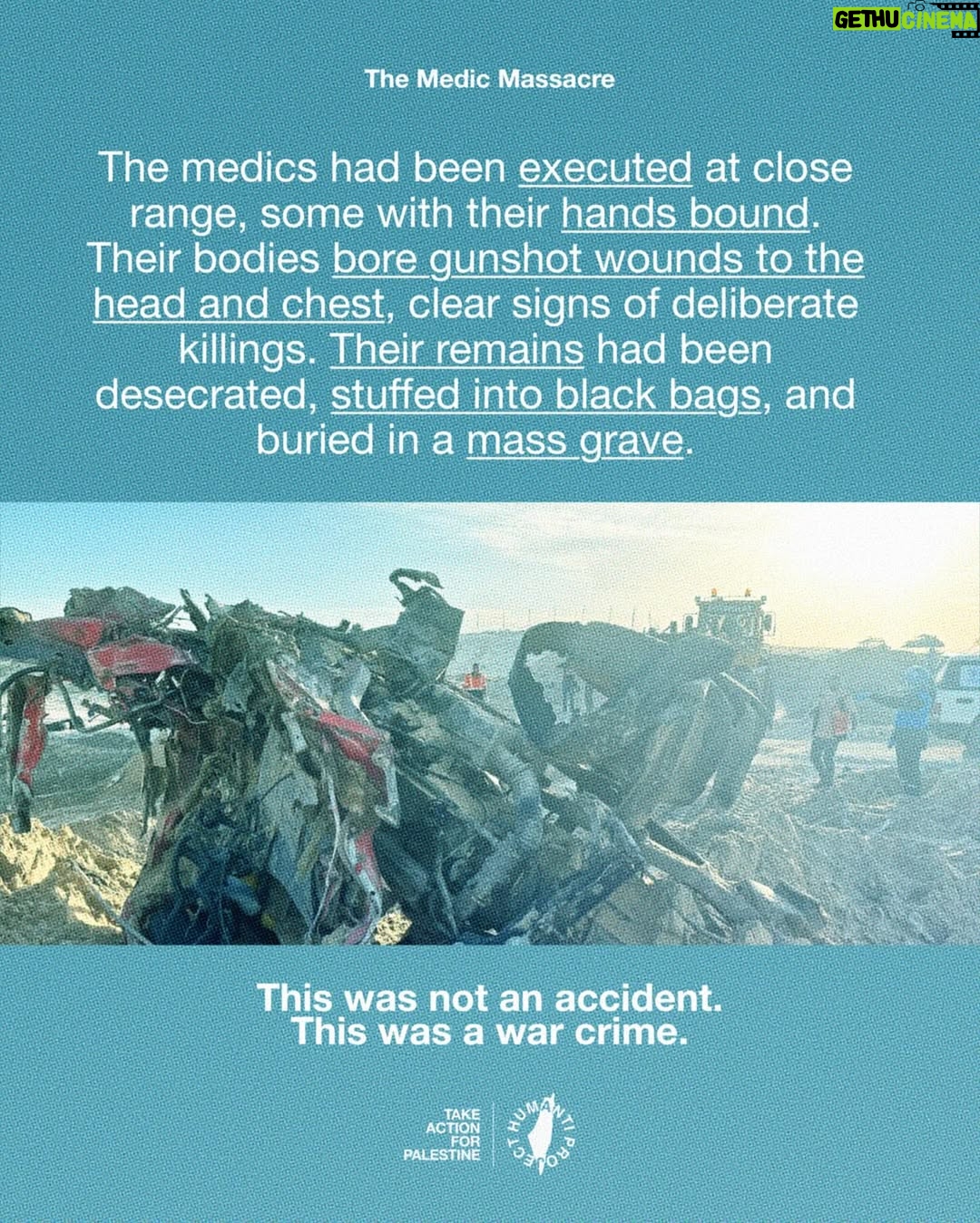 Carice van Houten - 69.9K Likes - 🚨ISRAEL EXECUTES 15 MEDICS IN RAFAH 🚨
Fifteen Palestinian paramedics and rescue workers, including a United Nations employee, were executed by Israeli occupation forces in Rafah.
Aerial footage revealed ambulances reduced to wreckage after being deliberately targeted. The vehicles were visibly marked as medical transport, and the crews were in full uniform.
The medics had been executed at close range, some with their hands bound. Their bodies bore gunshot wounds to the head and chest, clear signs of deliberate killings. Their remains had been desecrated, stuffed into black bags, and buried in a mass grave.
This was not an accident. This was a war crime.
👉 EMAIL YOUR ELECTED OFFICIAL NOW! USE THE FREE TEMPLATE IN @humantiproject’s bio or visit HumantiProject.org 👈
——
Sources in slide 13