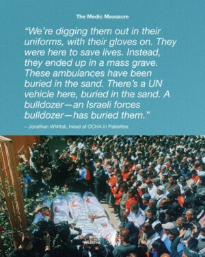 Carice van Houten Instagram - 🚨ISRAEL EXECUTES 15 MEDICS IN RAFAH 🚨

Fifteen Palestinian paramedics and rescue workers, including a United Nations employee, were executed by Israeli occupation forces in Rafah.

Aerial footage revealed ambulances reduced to wreckage after being deliberately targeted. The vehicles were visibly marked as medical transport, and the crews were in full uniform.

The medics had been executed at close range, some with their hands bound. Their bodies bore gunshot wounds to the head and chest, clear signs of deliberate killings. Their remains had been desecrated, stuffed into black bags, and buried in a mass grave.

This was not an accident. This was a war crime.

👉 EMAIL YOUR ELECTED OFFICIAL NOW! USE THE FREE TEMPLATE IN @humantiproject’s bio or visit HumantiProject.org 👈

——

Sources in slide 13
