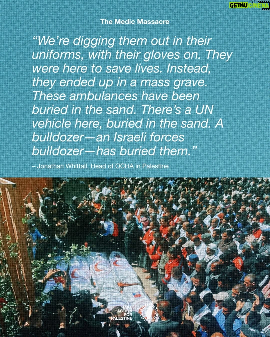 Carice van Houten - 69.9K Likes - 🚨ISRAEL EXECUTES 15 MEDICS IN RAFAH 🚨
Fifteen Palestinian paramedics and rescue workers, including a United Nations employee, were executed by Israeli occupation forces in Rafah.
Aerial footage revealed ambulances reduced to wreckage after being deliberately targeted. The vehicles were visibly marked as medical transport, and the crews were in full uniform.
The medics had been executed at close range, some with their hands bound. Their bodies bore gunshot wounds to the head and chest, clear signs of deliberate killings. Their remains had been desecrated, stuffed into black bags, and buried in a mass grave.
This was not an accident. This was a war crime.
👉 EMAIL YOUR ELECTED OFFICIAL NOW! USE THE FREE TEMPLATE IN @humantiproject’s bio or visit HumantiProject.org 👈
——
Sources in slide 13