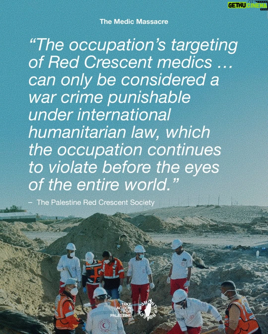 Carice van Houten - 69.9K Likes - 🚨ISRAEL EXECUTES 15 MEDICS IN RAFAH 🚨
Fifteen Palestinian paramedics and rescue workers, including a United Nations employee, were executed by Israeli occupation forces in Rafah.
Aerial footage revealed ambulances reduced to wreckage after being deliberately targeted. The vehicles were visibly marked as medical transport, and the crews were in full uniform.
The medics had been executed at close range, some with their hands bound. Their bodies bore gunshot wounds to the head and chest, clear signs of deliberate killings. Their remains had been desecrated, stuffed into black bags, and buried in a mass grave.
This was not an accident. This was a war crime.
👉 EMAIL YOUR ELECTED OFFICIAL NOW! USE THE FREE TEMPLATE IN @humantiproject’s bio or visit HumantiProject.org 👈
——
Sources in slide 13