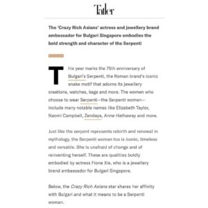 Fiona Xie Instagram - Metamorphosis 

Bulgari ambassador Fiona Xie on what it means to be a Serpenti woman.

@tatlersingapore @bulgari

https://www.tatlerasia.com/style/jewellery/fiona-xie-bulgari-serpenti-anniversary-interview by @belzyboob