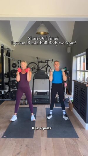 Gabby Logan Instagram - ⏰ Short on time & looking for a 15 minute full body workout? Then SAVE this! ✅ 
💪🏻So much fun training alongside @gabbylogan for this circuit! We are both using 4kg dumbbells ~ use the weights which are right for you & build up gradually 🔑 
📝 would you like it in slide format? Let me know ⬇️ 

The workout:
▶️3 sets ✔️10 reps per exercise ✔️20secs of rest in between exercises ✔️please warm up first 

1️⃣squats 
2️⃣static lunges with a bicep curl (remember to do both sides!)
3️⃣press ups (knees or toes)
4️⃣bent over rows
5️⃣chest press with glute bridge 
6️⃣deadbug
7️⃣squat & press
8️⃣plank shoulder taps

Enjoy! 😊 head to The Mid•Point podcast to hear our episode together which launched yesterday 🎧 

#fullbodyhomeworkout #fullbodyworkouts #fullbodycircuit #fullbodydumbbellworkout #athomeworkout #15minuteworkouts #15minutestrengthworkouts #athomestrengthtraining #strongerforlonger #staystrong