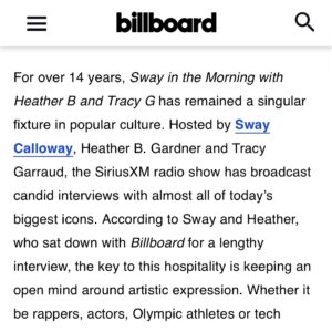 Heather B. Instagram - Thank you @billboard for the incredible feature!

@thehappyhourwhb and I talked about our move to LA, our most memorable and challenging interviews & much more

Check out the full interview at billboard.com

#swayinthemorning #swaysuniverse #billboard  #radio
