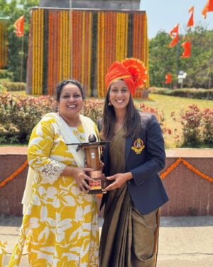 Jemimah Rodrigues Instagram - Overwhelmed with gratitude! Received the Shiv Chhatrapati State Sports Award - Maharashtra’s highest Sporting Honour today! 
Swipe to the last slide for a blast from the past - 15 years ago, I got selected in hockey for Maharashtra U19 as a 9-year-old on THIS SAME TURF! Life’s done a full circle wala moment! Thank you, Govt of Maharashtra, for this incredible recognition 😇🙏🏼